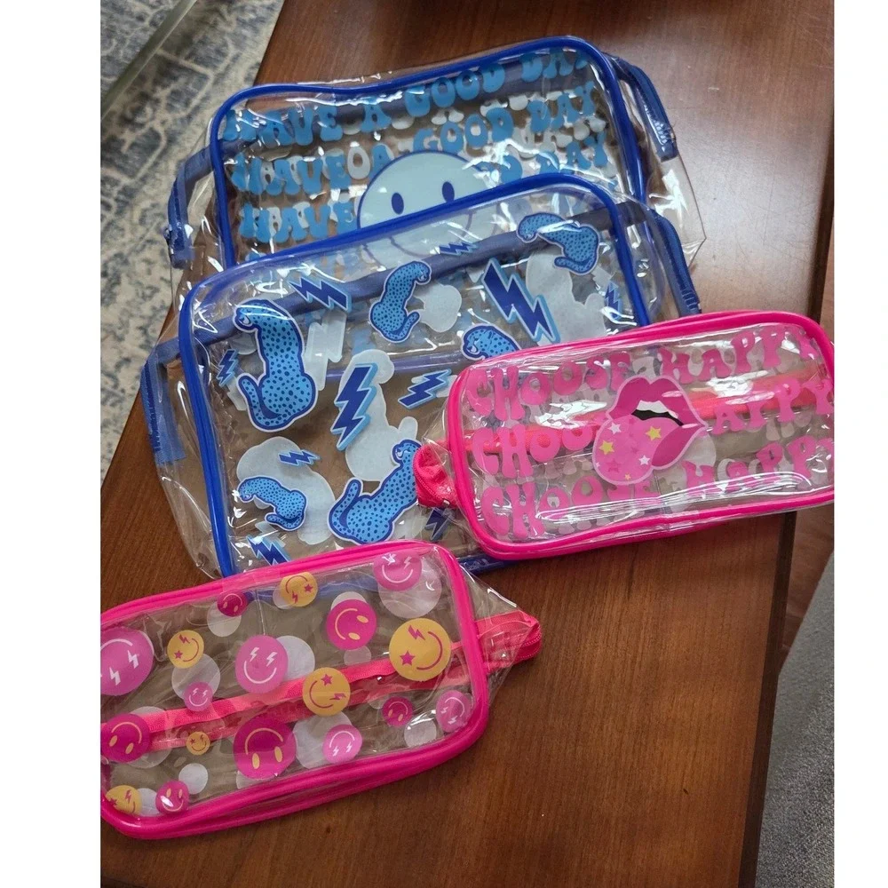 Kids Clear PVC Travel Pouch Set 4pc Smiley Face Cheetah Blue Pink Organizer Bags